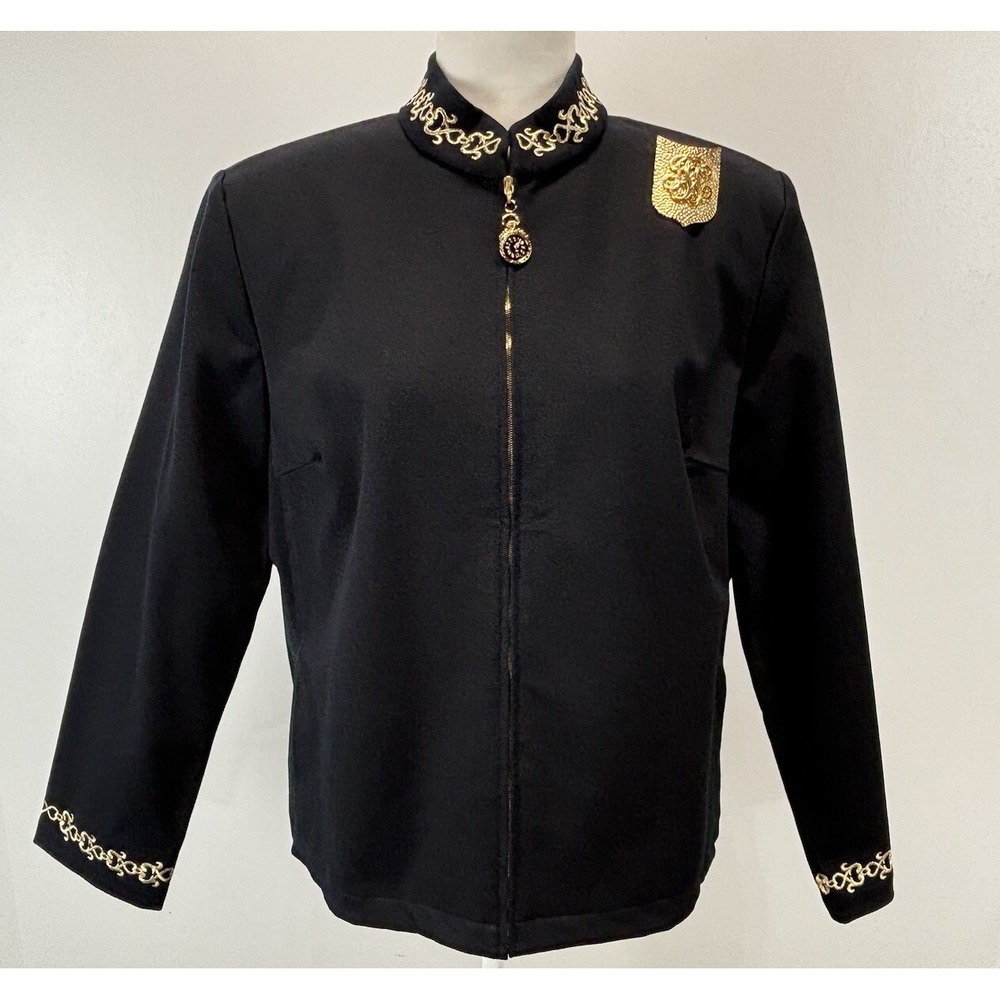 Vintage St John Jacket Womens Black Embroidered Hems Crop Full Zip Size Large